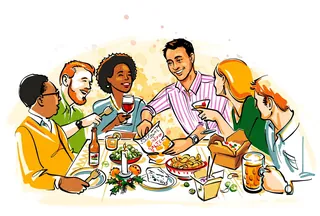 Friends sharing drinks and snacks around a table in a lively gathering