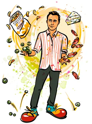 Man juggling shrimp, chips, broccoli, and cake in colorful illustration