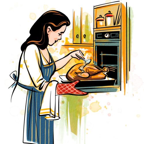 Woman basting roasted chicken with spoon in kitchen oven