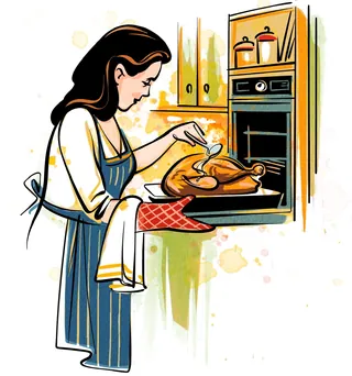 Woman basting roasted chicken with spoon in kitchen oven