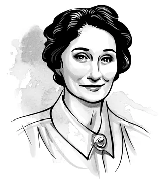 Black and white portrait of a woman with vintage hairstyle and buttoned blouse