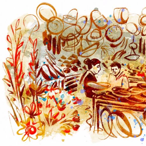 Watercolor portrait of a Mexican market scene with vendors and goods