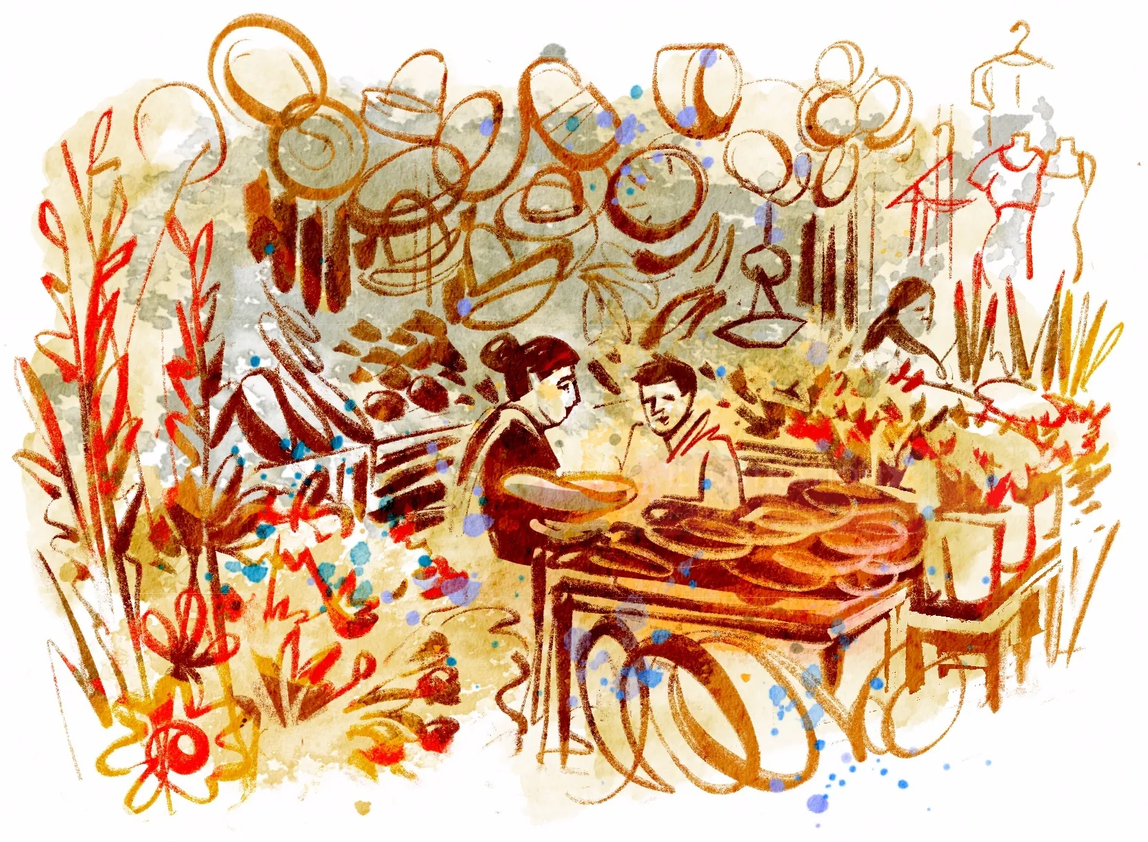Watercolor portrait of a Mexican market scene with vendors and goods