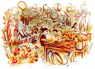 Watercolor portrait of a Mexican market scene with vendors and goods