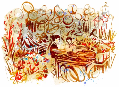 Watercolor portrait of a Mexican market scene with vendors and goods
