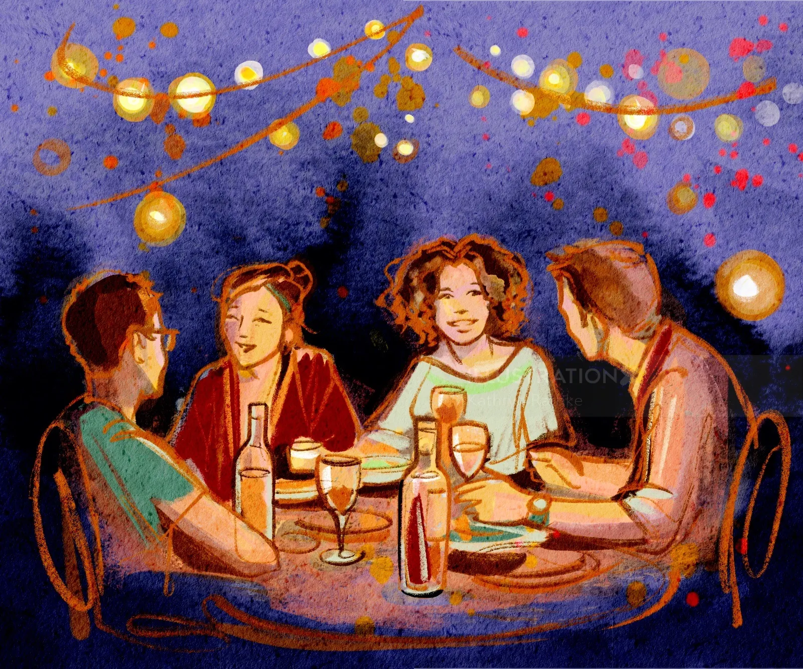 Four people enjoying a summer dinner party under string lights