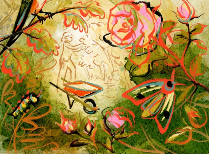 Colorful garden scene with flowers, insects, and a wheelbarrow illustration