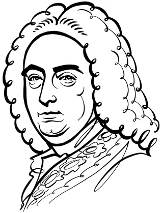 Black and white line portrait illustration of George Frideric Handel