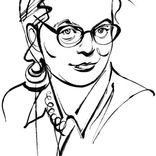 Line drawing portrait of author Shirley Jackson wearing glasses