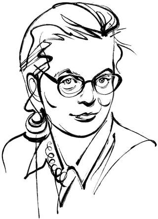 Line drawing portrait of author Shirley Jackson wearing glasses