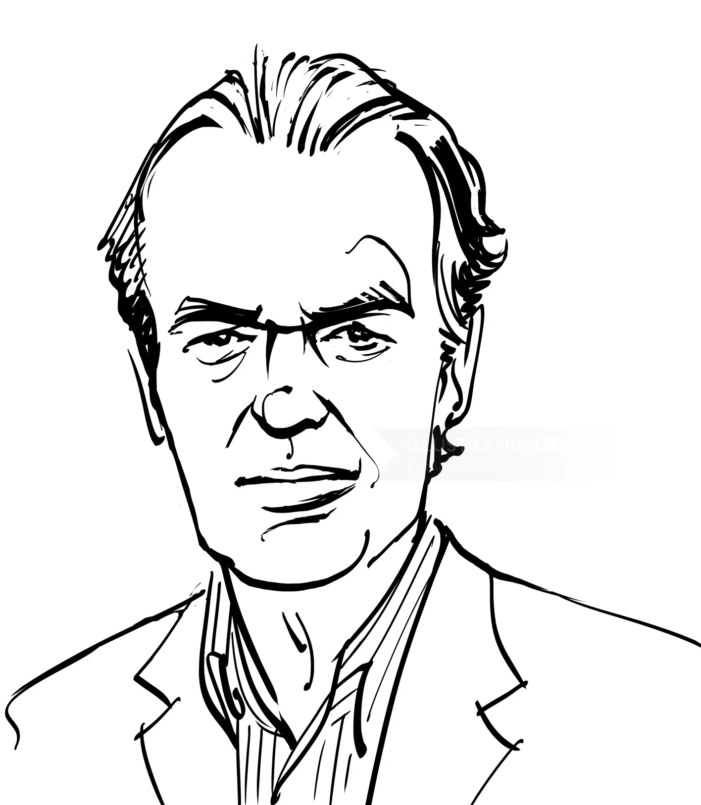 Black and white portrait illustration of a serious man by Kathryn Rathke
