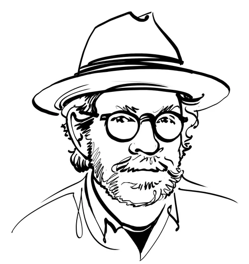 Line drawing of man wearing hat and glasses by Kathryn Rathke
