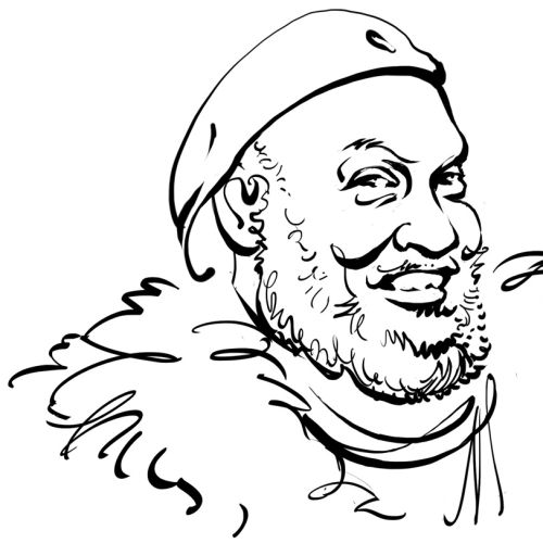 Black and white line drawing portrait of DJ Riz by Kathryn Rathke