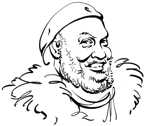 Black and white line drawing portrait of DJ Riz by Kathryn Rathke