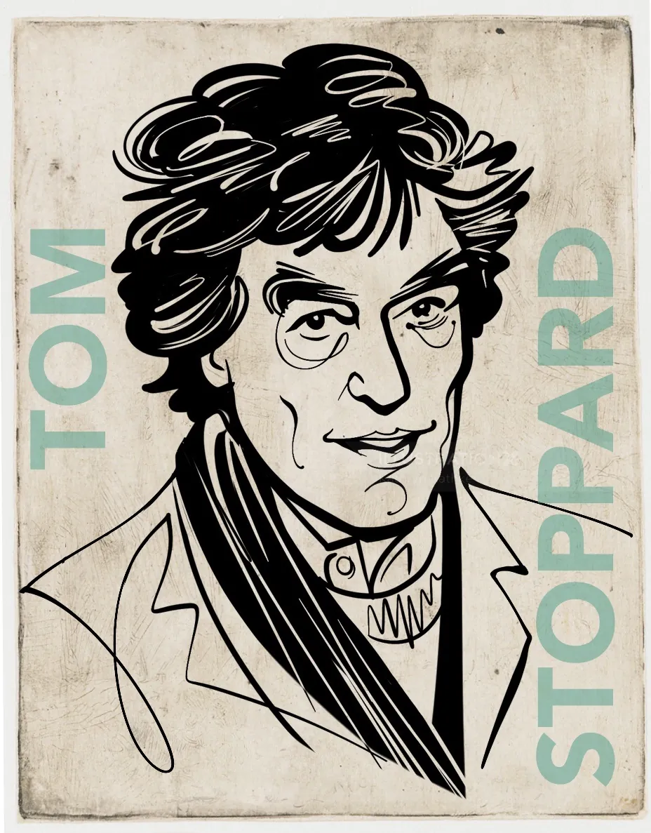 Illustrated portrait of playwright Tom Stoppard by Kathryn Rathke