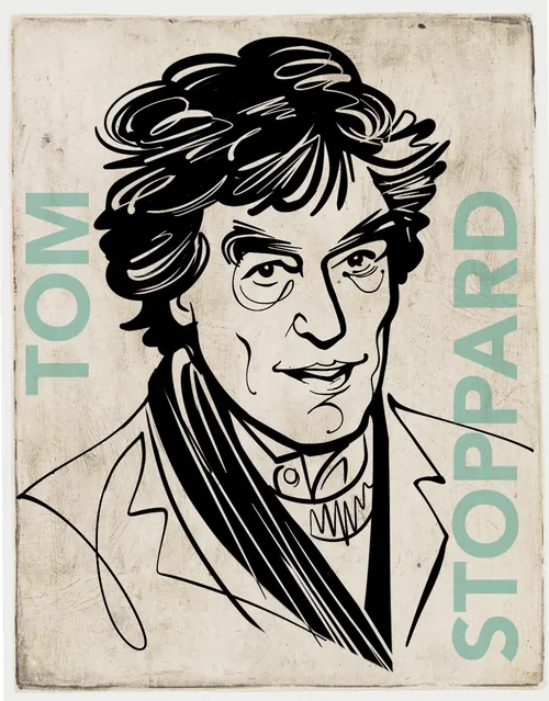 Illustrated portrait of playwright Tom Stoppard by Kathryn Rathke