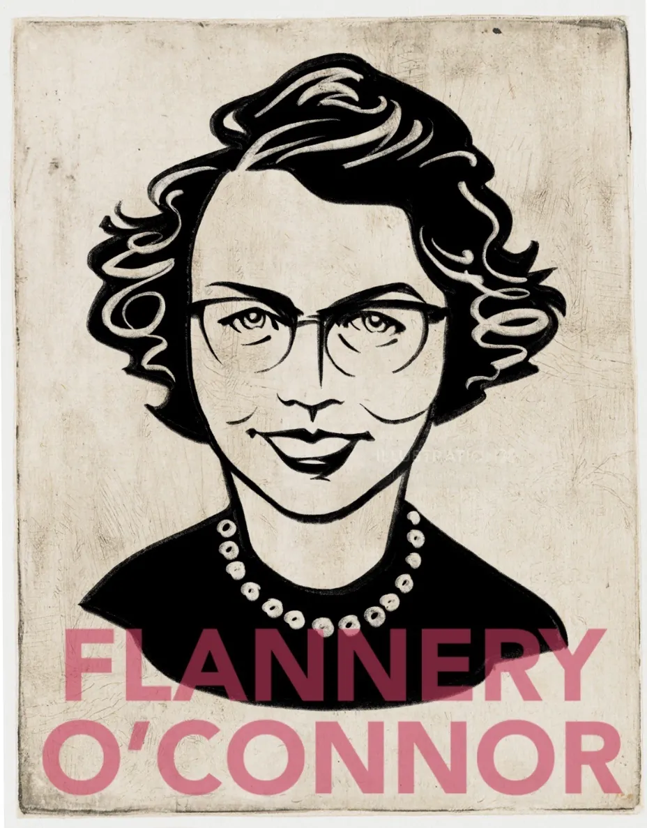 Black and white portrait of Flannery O'Connor with glasses by Kathryn Rathke