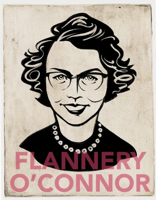 Black and white portrait of Flannery O'Connor with glasses by Kathryn Rathke