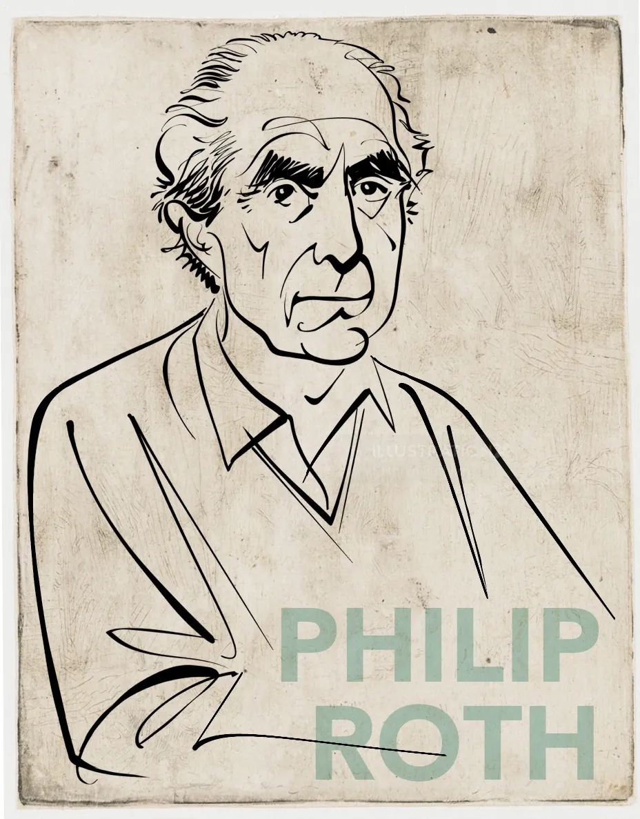 Black and white line drawing of Philip Roth by Kathryn Rathke