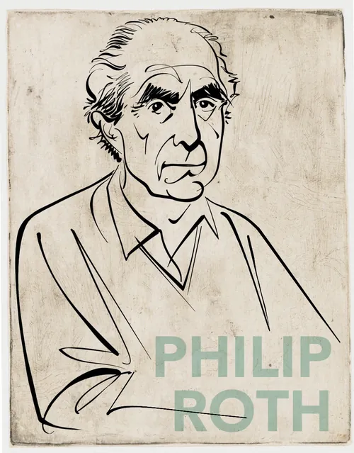 Black and white line drawing of Philip Roth by Kathryn Rathke
