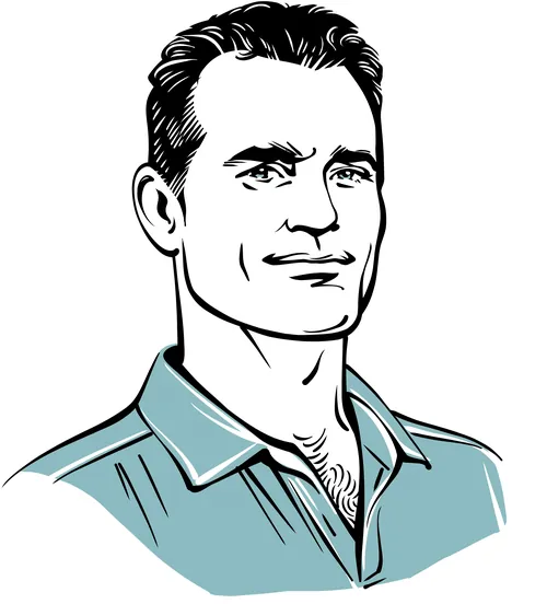 Kathryn Rathke illustration of a man in a blue open-collar shirt
