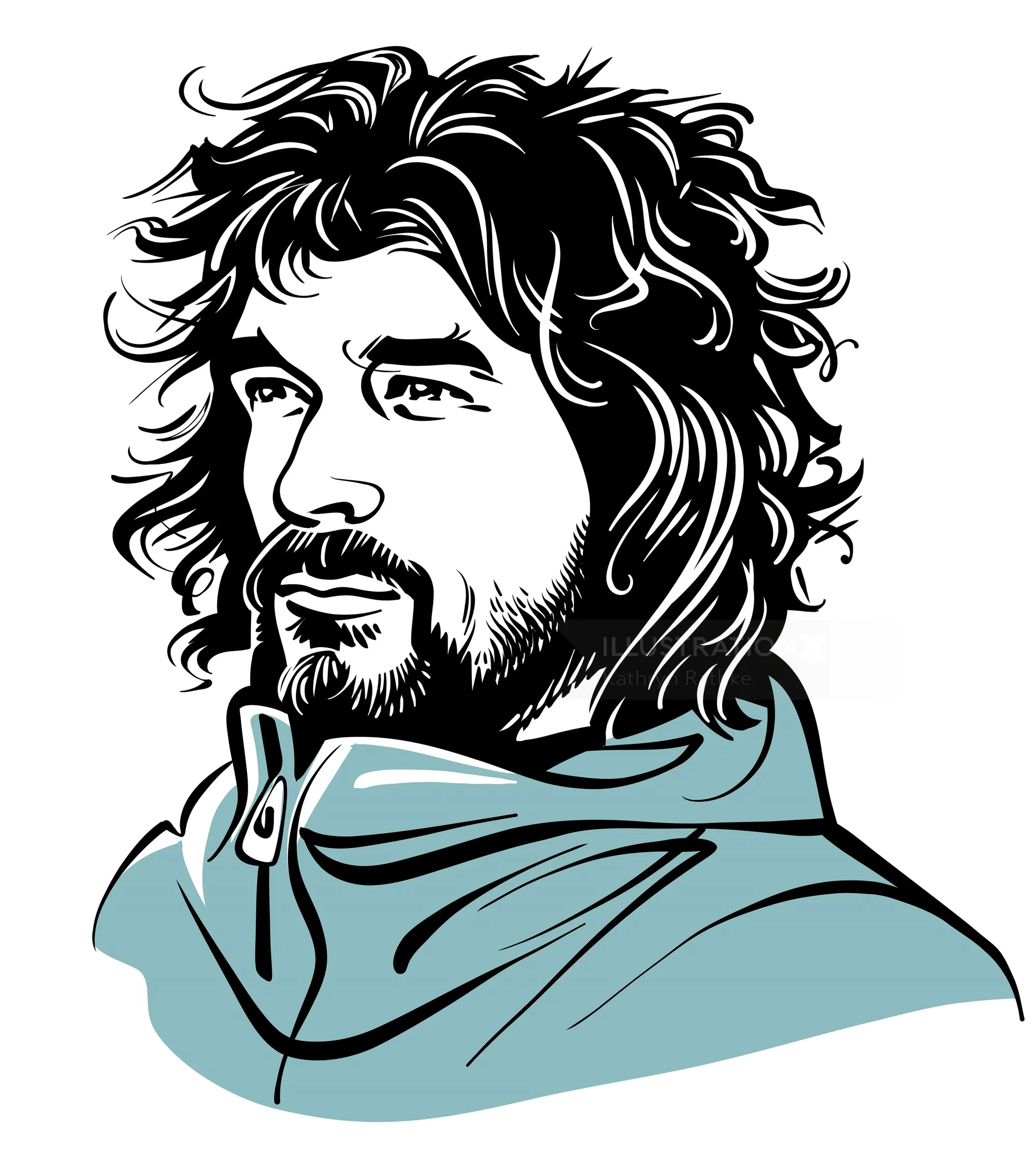Illustration by Kathryn Rathke of a bearded man with long hair and a blue-green cloak.