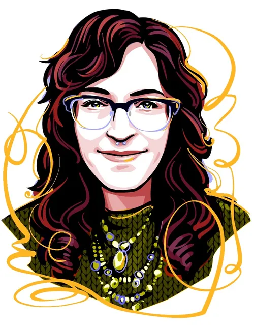 Illustrated portrait by Kathryn Rathke of a smiling woman with glasses and dark hair