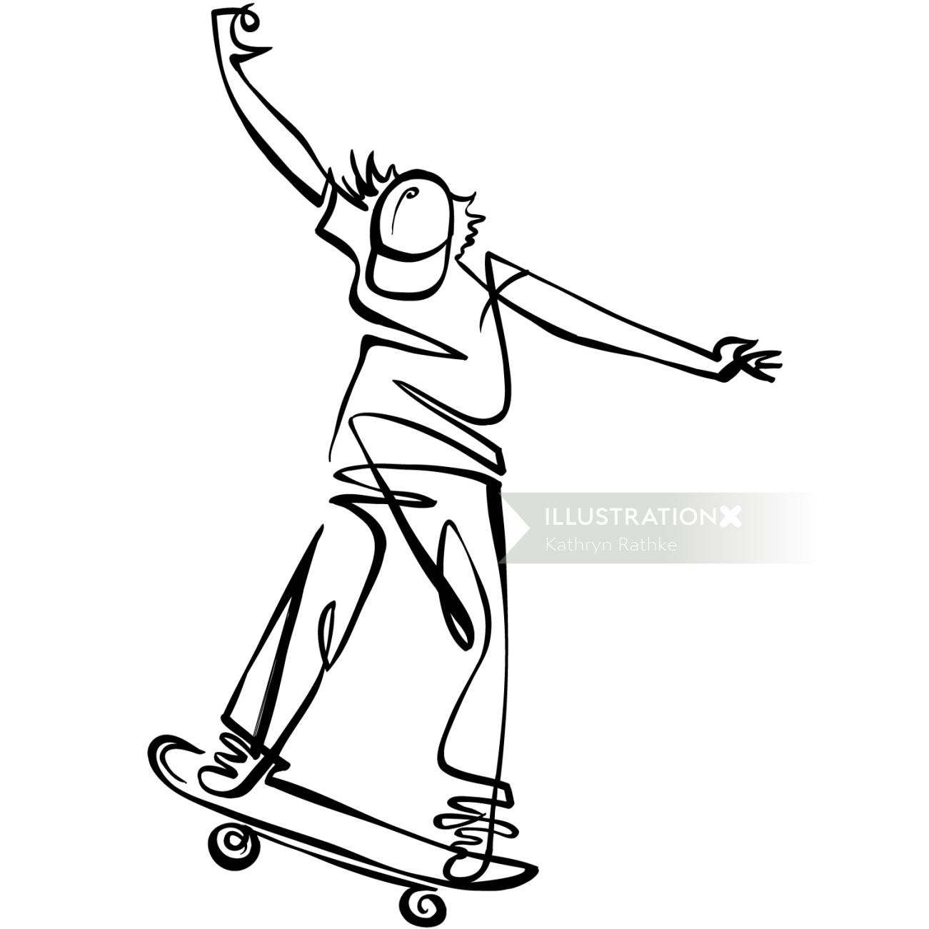 Young man skateboarding line art
