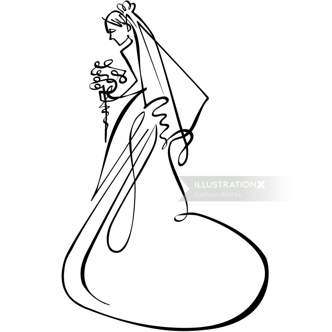 Desenho de linha retrato de uma noiva