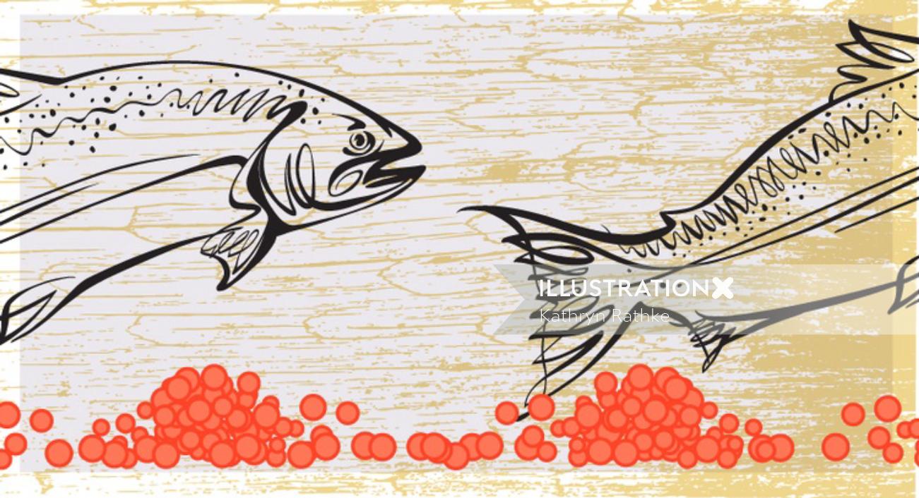 Drawing of fishes in the sea