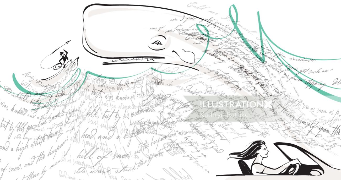 Ilustração em preto e branco de homem caçando baleia animal
