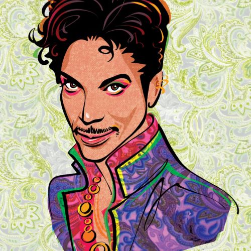 Illustration in vivid colors of the American rock star Prince