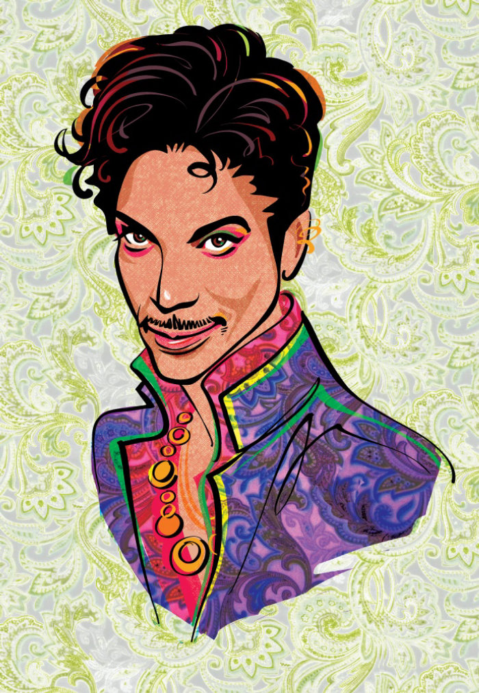 Ilustração em cores vivas do astro do rock americano Prince