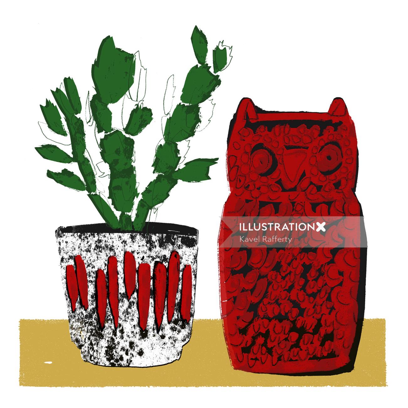 Retro illustration of owl and pot plant
