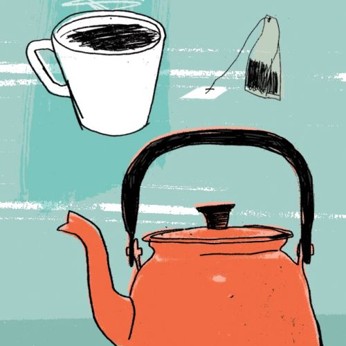 Sketch of teapot, teacup and teabag