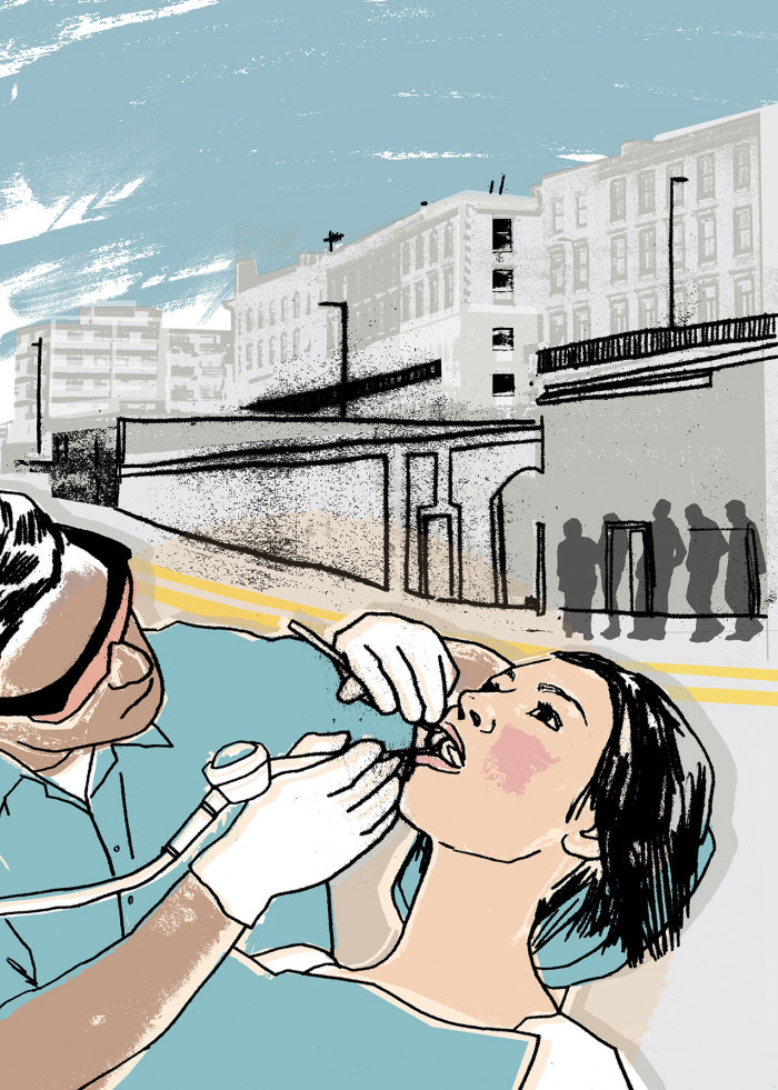 An illustration of dentist examining teeth