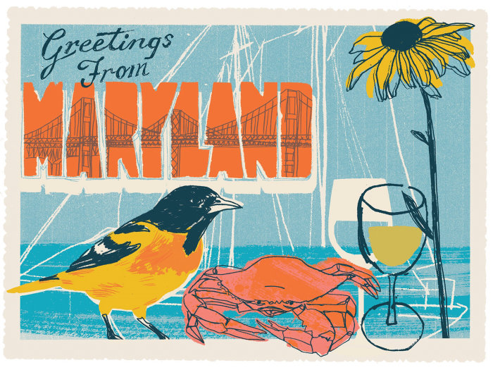 Ilustração da comida &amp; da bebida para Maryland Cartão Postal
