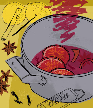 Preparación de la receta de ponche de frutas, comida y bebida, ilustración