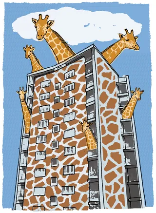 Residential tower with giraffe mural