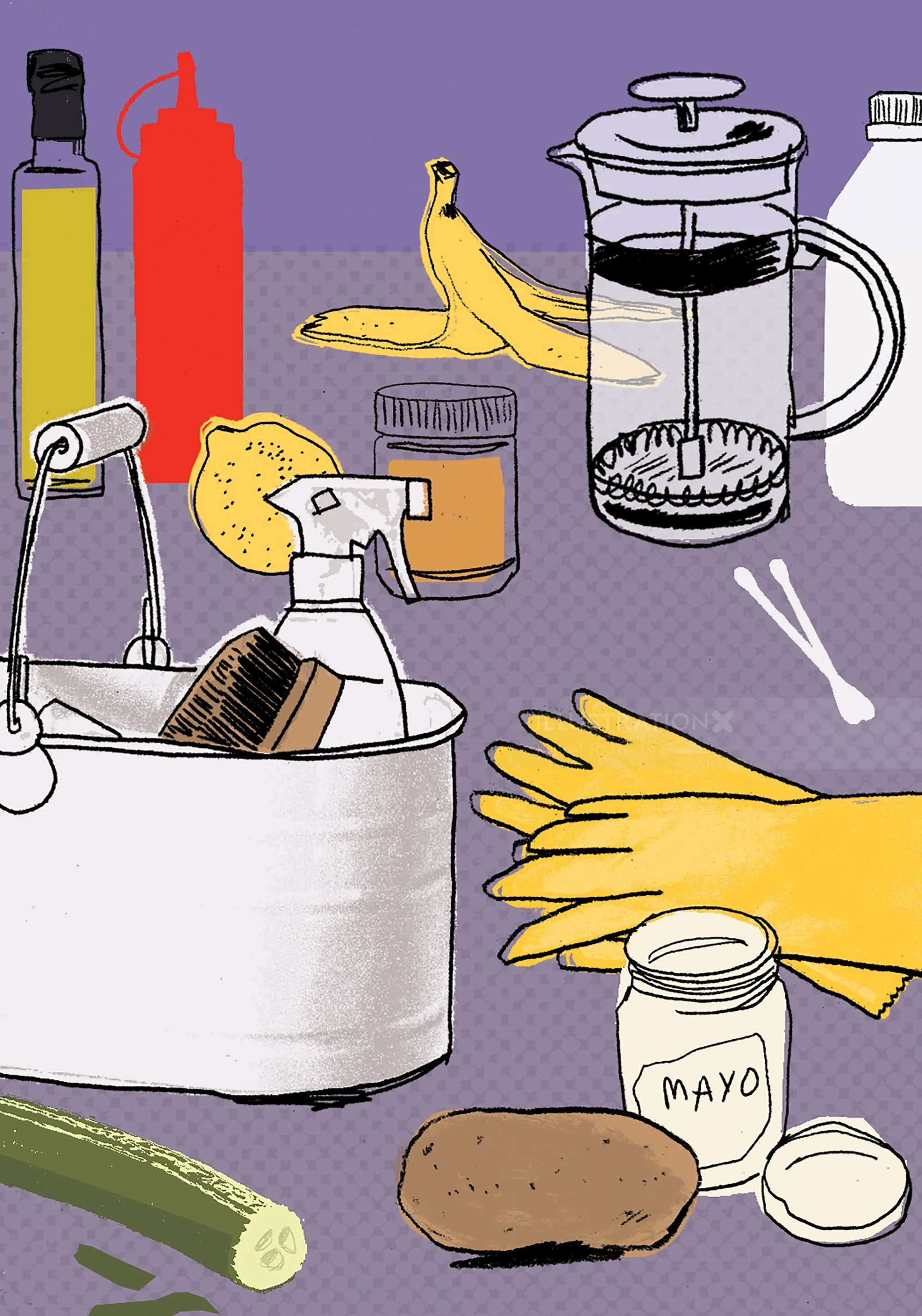 Illustration of kitchen utensils and ingredients by Kavel Rafferty