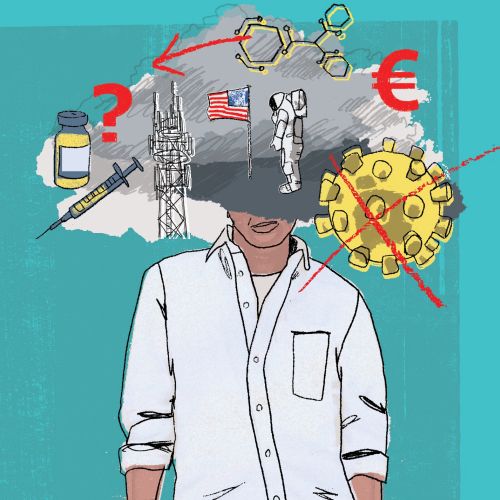 Illustration of a man with pandemic symbols by Kavel Rafferty