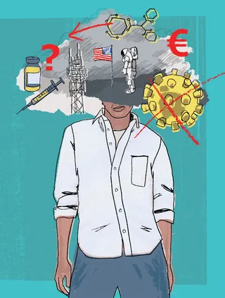 Illustration of a man with pandemic symbols by Kavel Rafferty