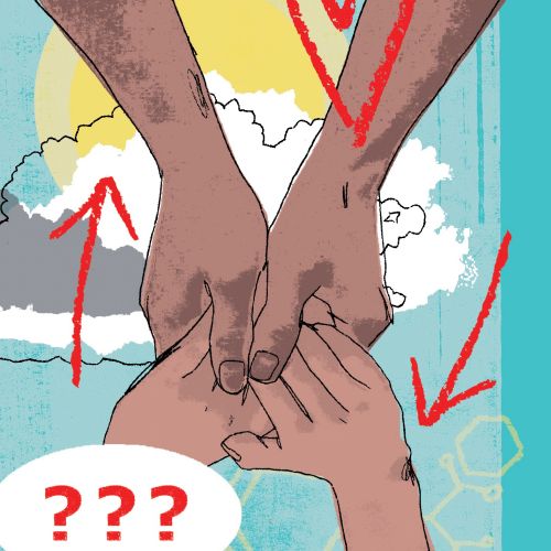 Digital illustration of two hands holding with heart and arrows, by Kavel Rafferty