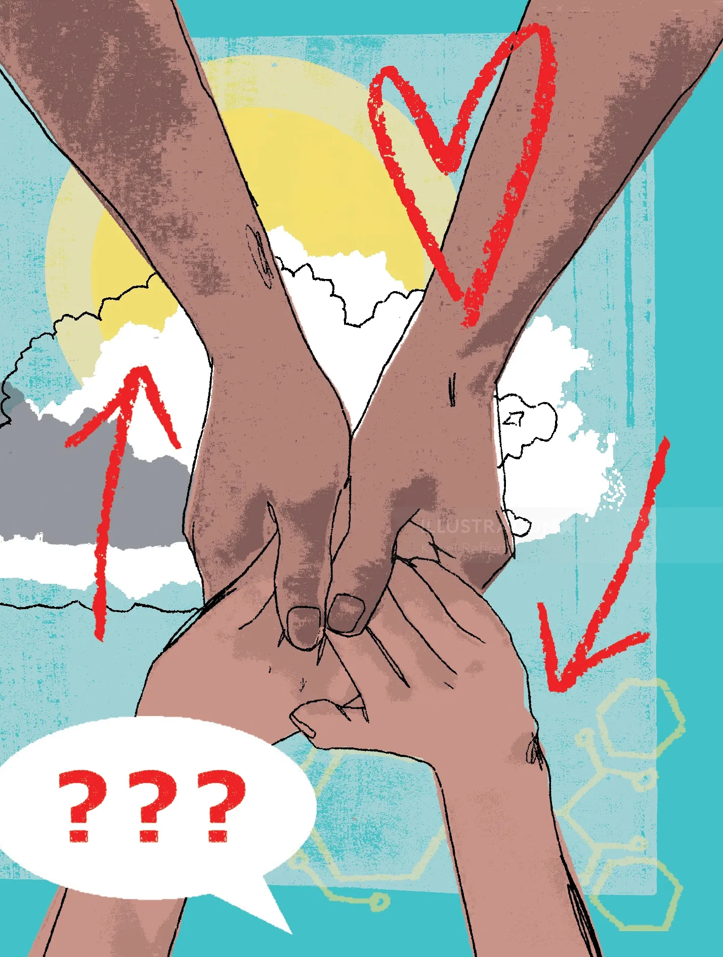 Digital illustration of two hands holding with heart and arrows, by Kavel Rafferty