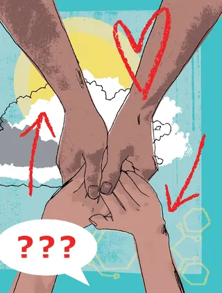 Digital illustration of two hands holding with heart and arrows, by Kavel Rafferty