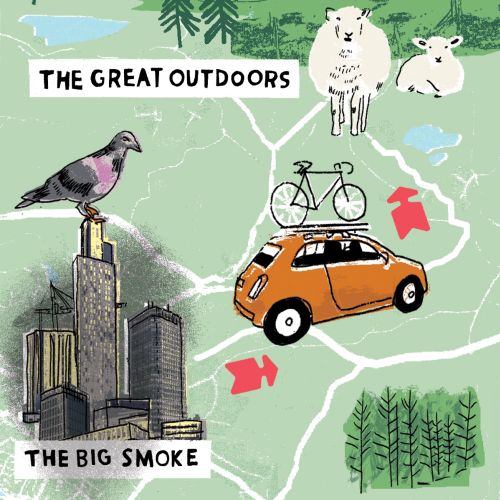 Illustration of mountains, sheep, city buildings, and car with bike by Kavel Rafferty