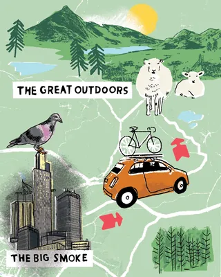 Illustration of mountains, sheep, city buildings, and car with bike by Kavel Rafferty