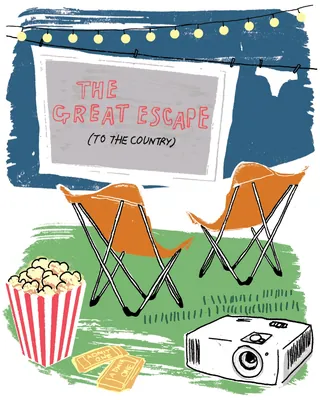 Outdoor movie night setup with two chairs, popcorn, projector, and screen by Kavel Rafferty