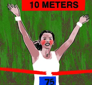 Runner crossing finish line with arms raised, artwork by Kavel Rafferty