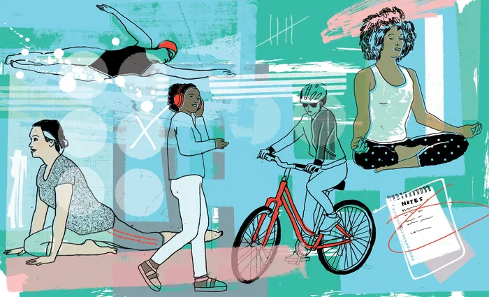 Colorful illustration of diverse people exercising and meditating by Kavel Rafferty